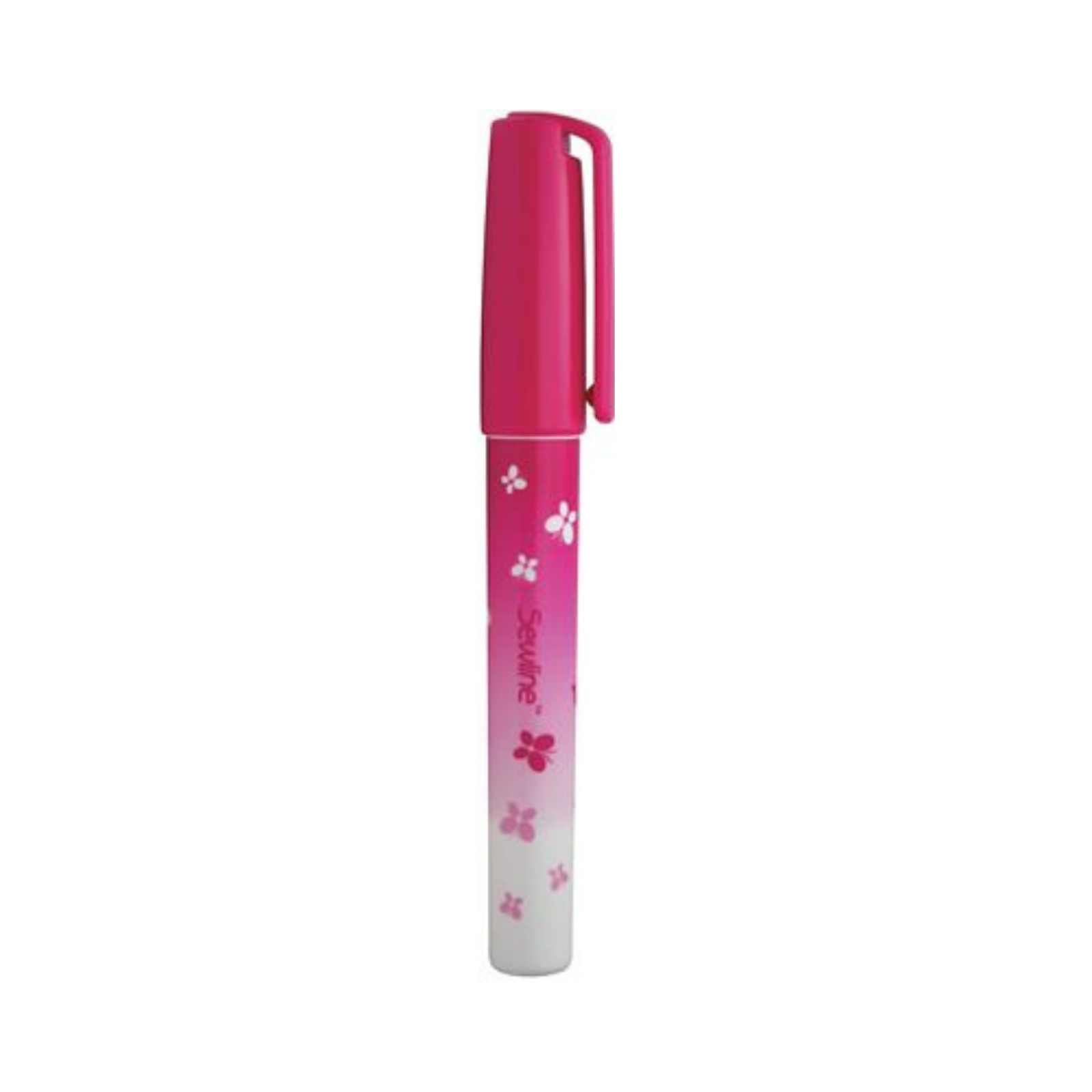 A pink Sewline pen with a cherry blossom pattern, featuring a pink cap with a clip and a pink-to-white gradient barrel with white cherry blossom motifs.