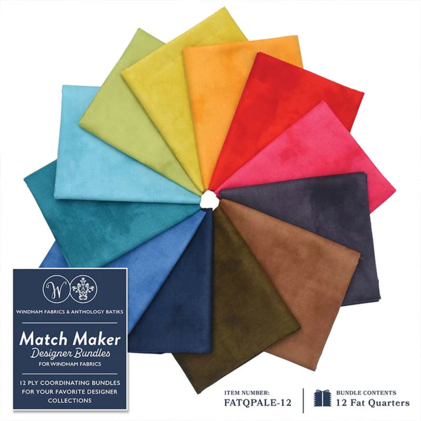 Colorful fabric swatches arranged in a circular pattern with Windham Fabrics branding.