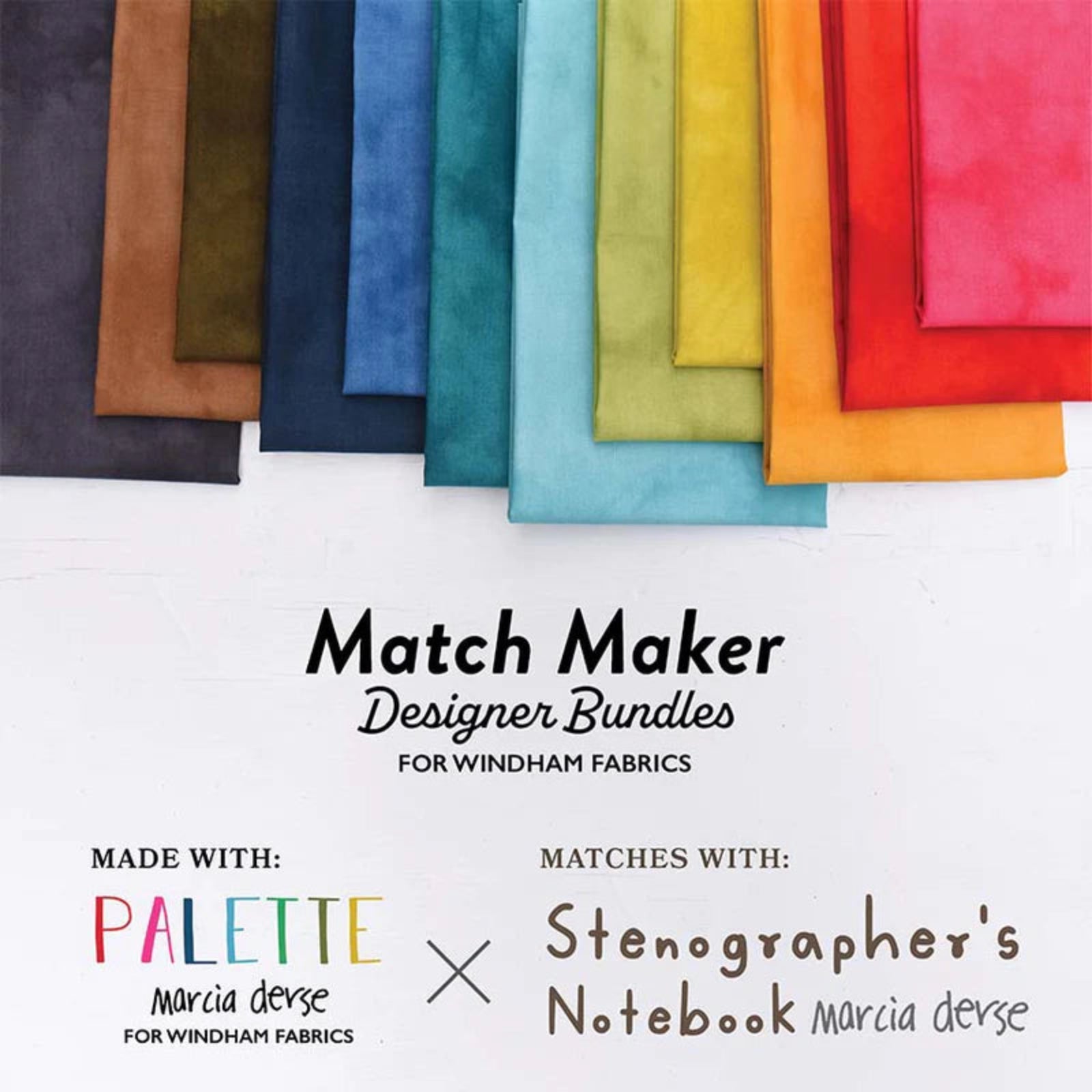 Colorful fabric swatches with text indicating matching fabrics for Windham Fabrics designs.