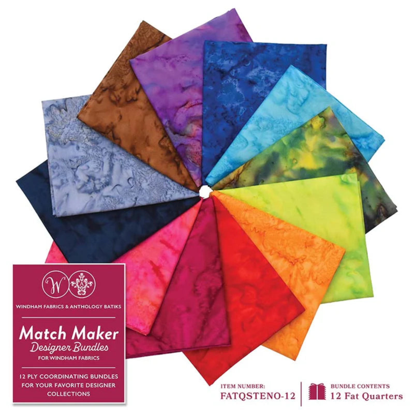 A fan arrangement of multiple batik fabric swatches in assorted colors and patterns, with a magenta Windham Fabrics 'Match Maker Designer Bundles' label and product text at the bottom on a white background.