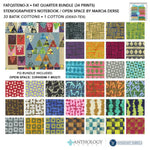 Collection of fabric patterns with text detailing the Fat Quarter Bundle by Marcia Derse for Winchapp Fabrics.