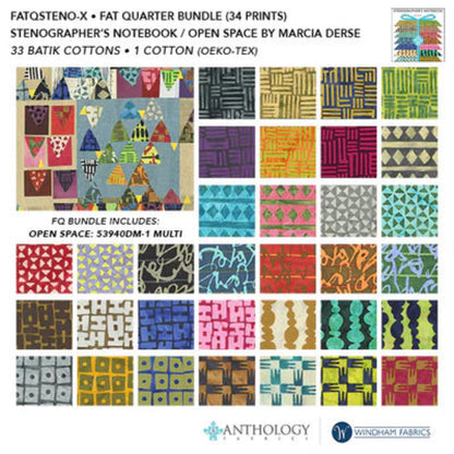 Collection of fabric patterns with text detailing the Fat Quarter Bundle by Marcia Derse for Winchapp Fabrics.