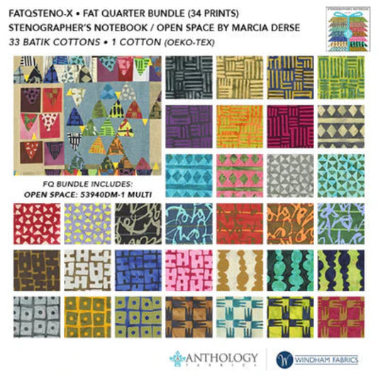 Collection of fabric patterns with text detailing the Fat Quarter Bundle by Marcia Derse for Winchapp Fabrics.
