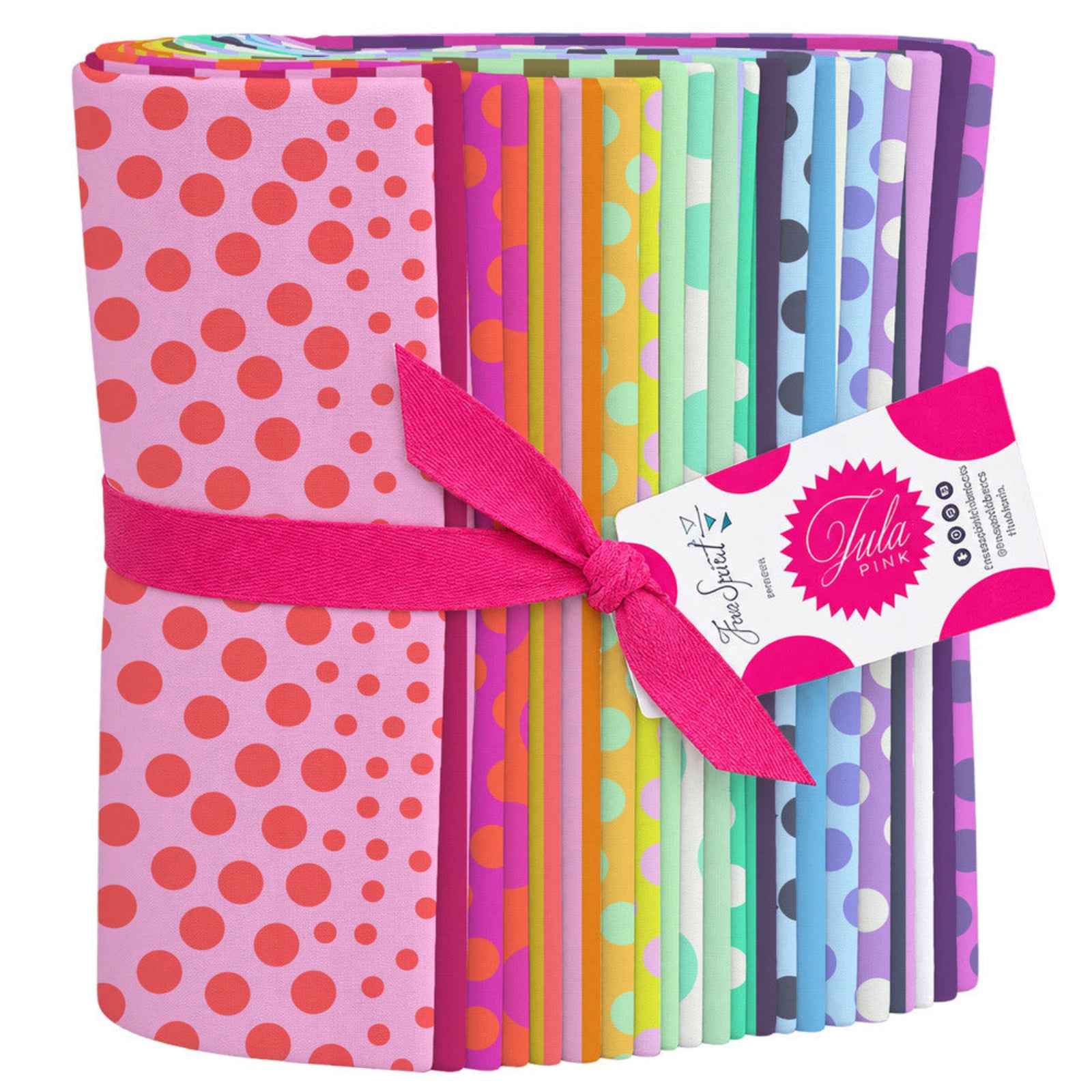 A bundle of colorful patterned fabric sheets tied with a bright pink ribbon and a white paper tag, photographed on a clean white background. The fabrics feature various polka dot and stripe patterns in pink, orange, yellow, green, blue, purple, and gray.
