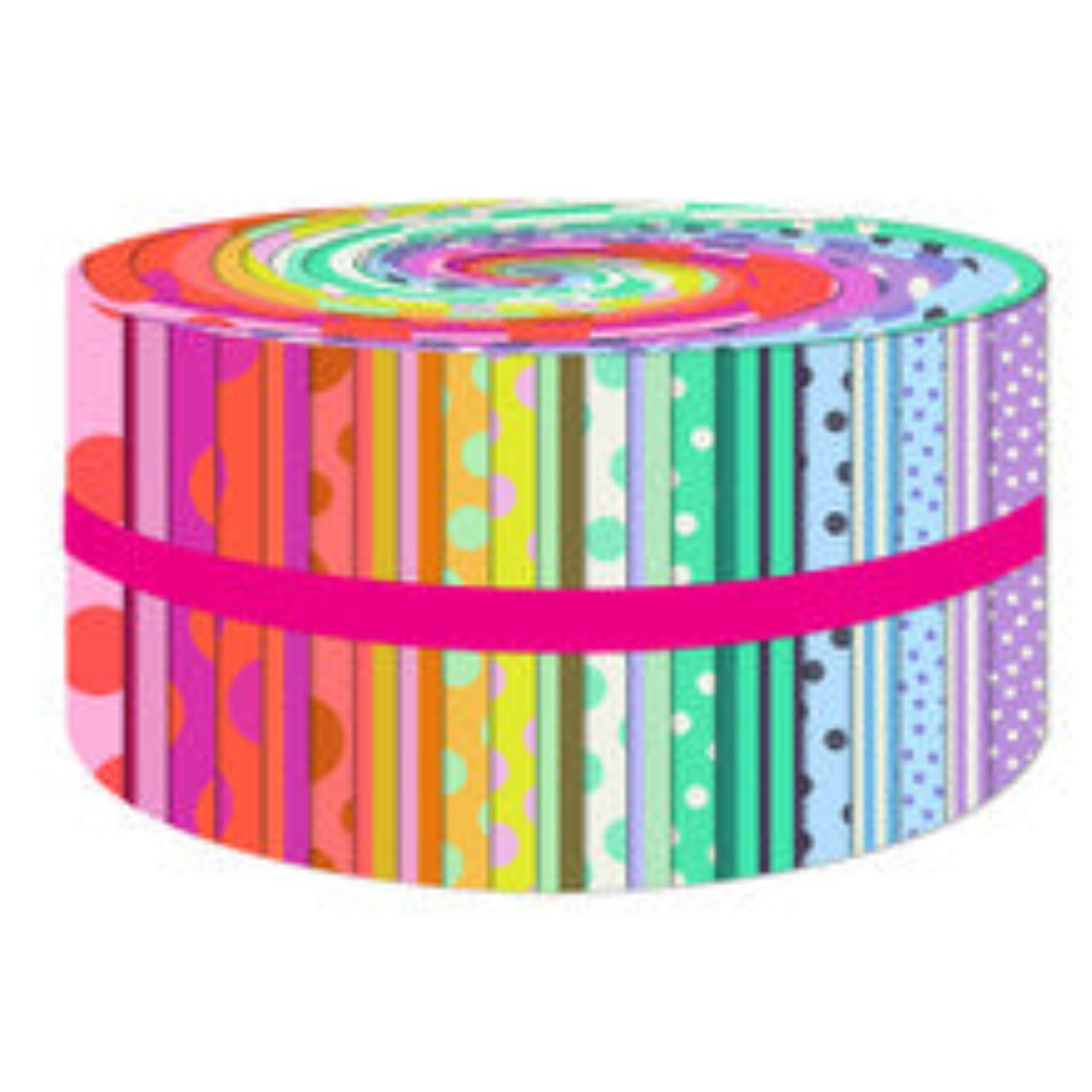 A roll of patterned fabric or paper strips tied with a bright pink band, shown on a plain white background. The patterns include stripes, polka dots, and floral motifs in pink, orange, yellow, green, blue, purple, and white.
