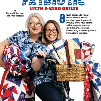 Two women with a bicycle carrying 3-yard quilts on a white background, featuring text about patriotic quilts.