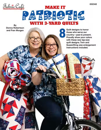 Two women with a bicycle carrying 3-yard quilts on a white background, featuring text about patriotic quilts.