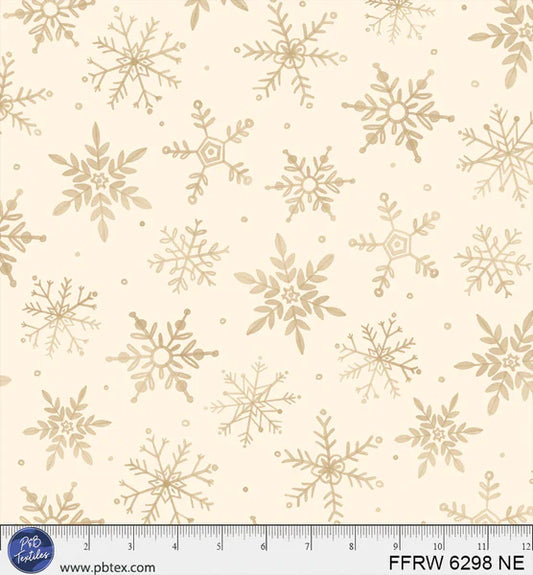 Pattern of gold snowflakes on a beige background.