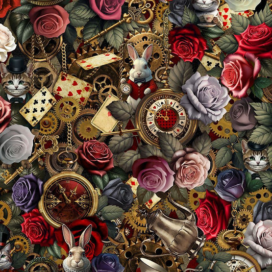 Alice in Wonderland themed fabric. Red roses, the White Rabbit, Cheshire Cat, playing cards, tea kettle and watches.