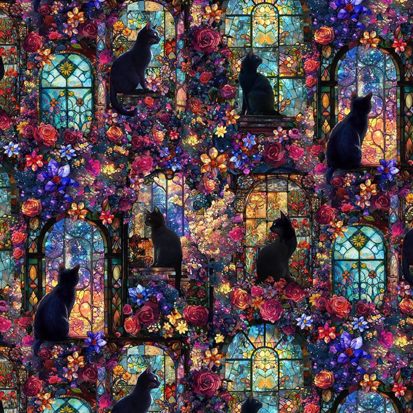 Colorful stained glass windows with silhouettes of cats and flowers