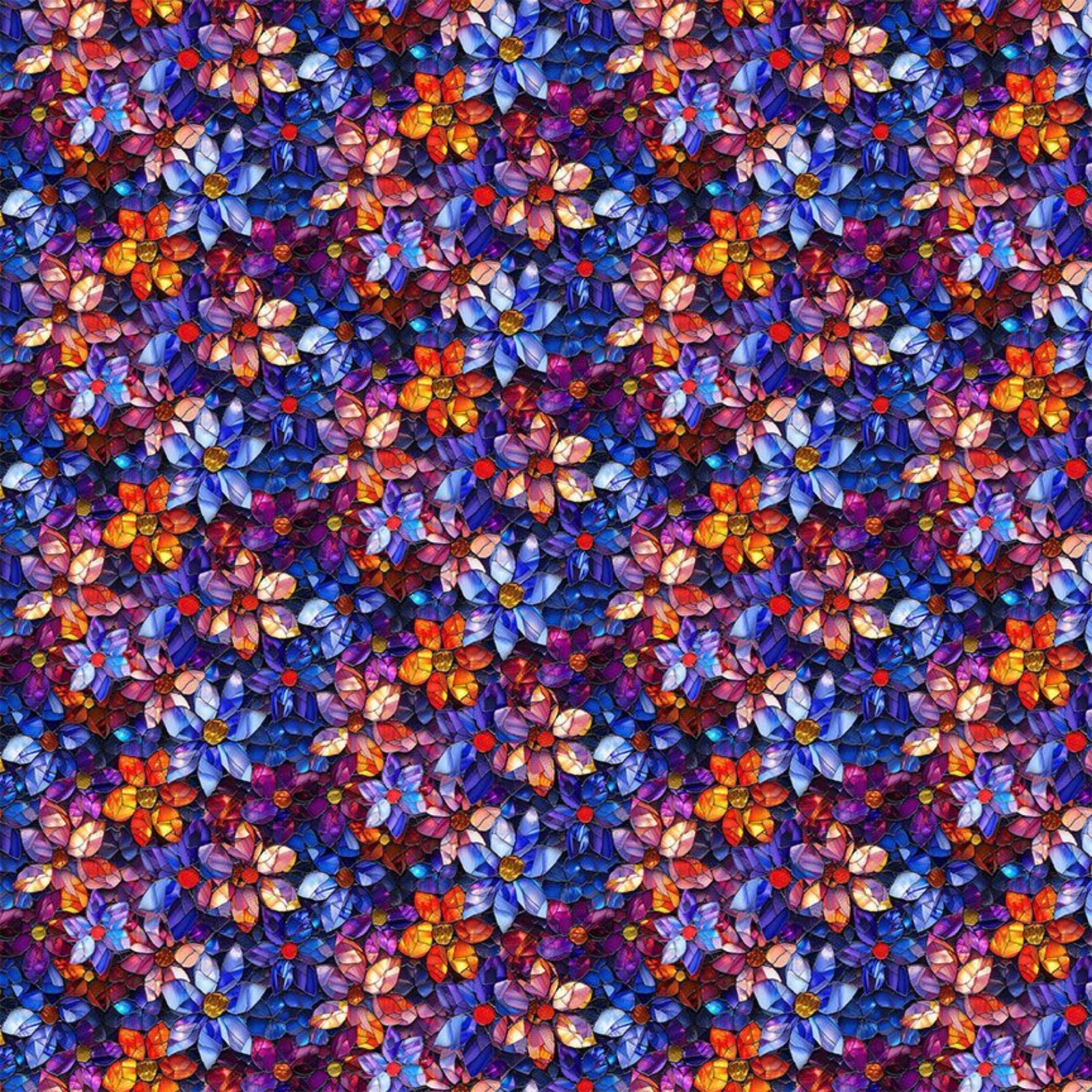A dense, seamless floral pattern featuring small flowers in shades of purple, blue, orange, red, pink, and yellow, arranged in a repeating diamond-like design.