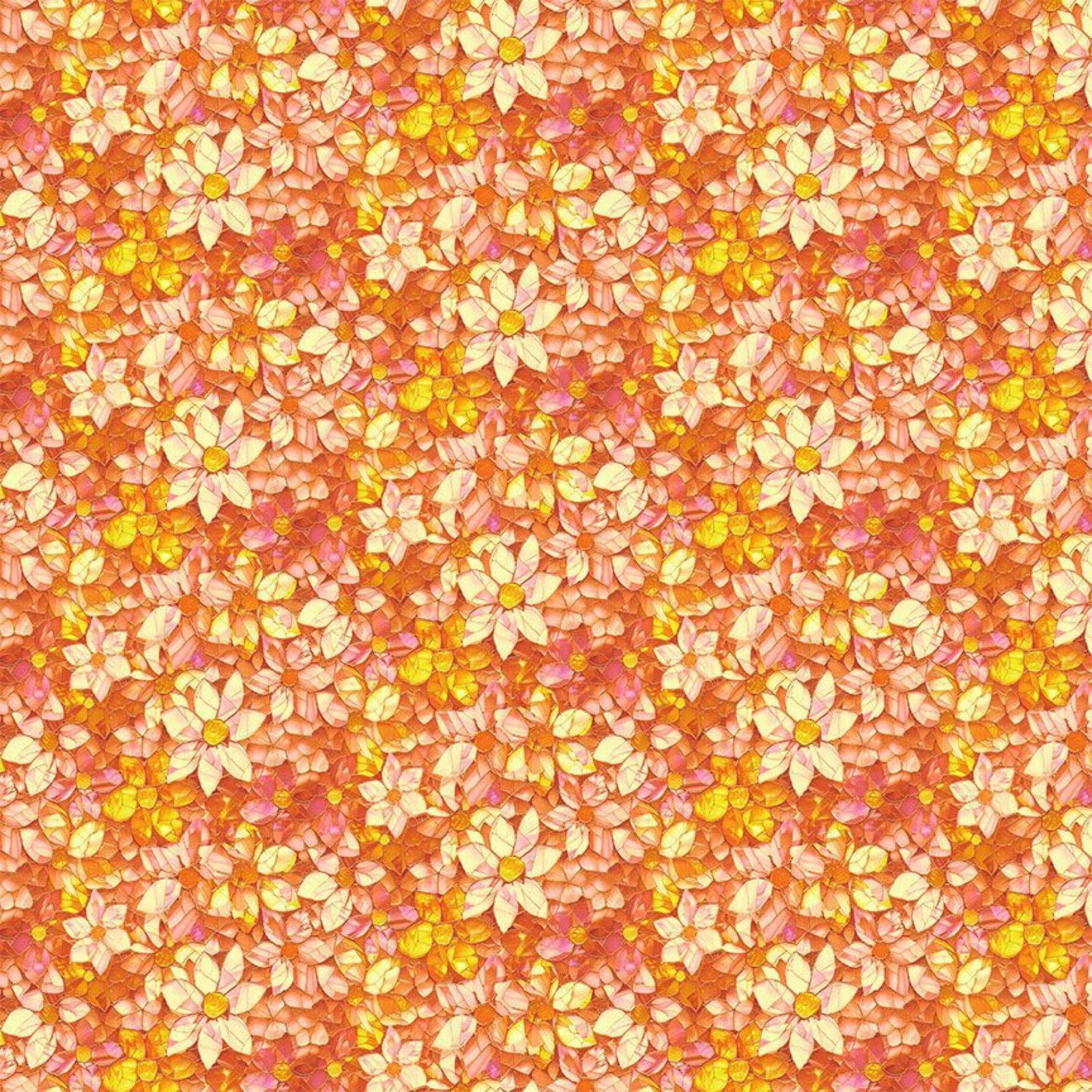 A seamless repeating pattern of stylized daisy-like flowers in shades of orange, pink, yellow, and cream, filling the entire frame.