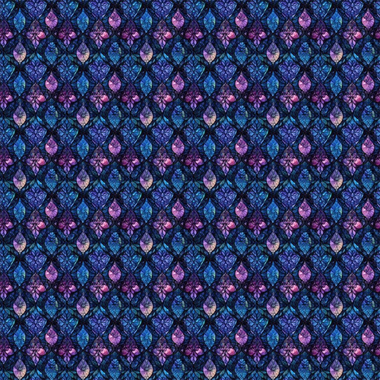 A seamless repeating pattern featuring stylized teardrop-shaped motifs in shades of blue, purple, and pink, set against a dark background with a subtle diamond lattice structure.