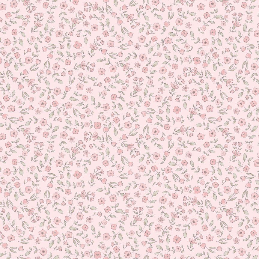 A repeating floral pattern featuring small pink flowers and delicate green leaves on a pale pink background.