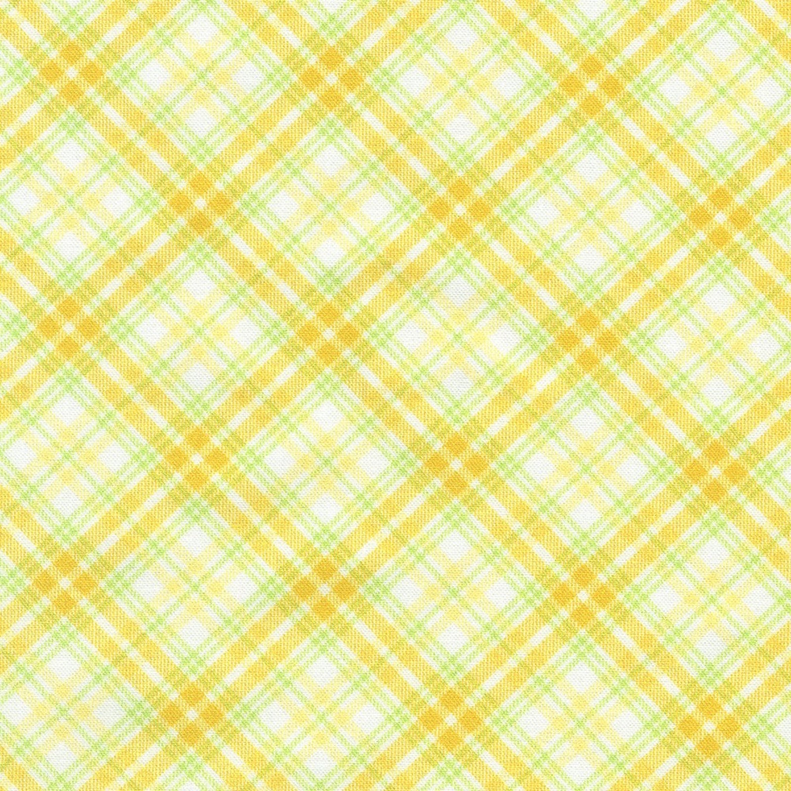 A close-up of a plaid fabric pattern with yellow and light green diagonal stripes on a white background.