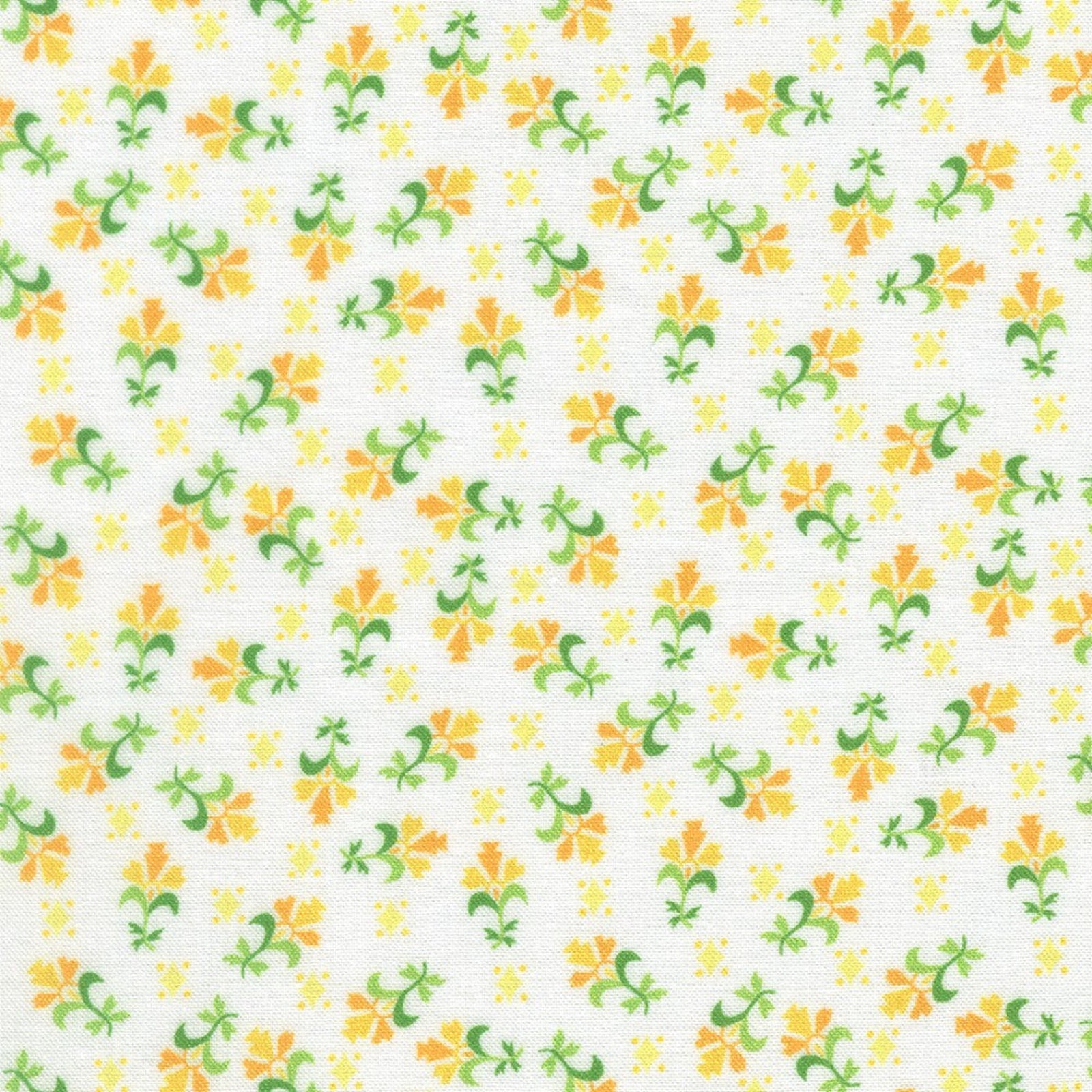 A close-up of a fabric pattern featuring yellow-orange flowers with green leaves on a white textured background.