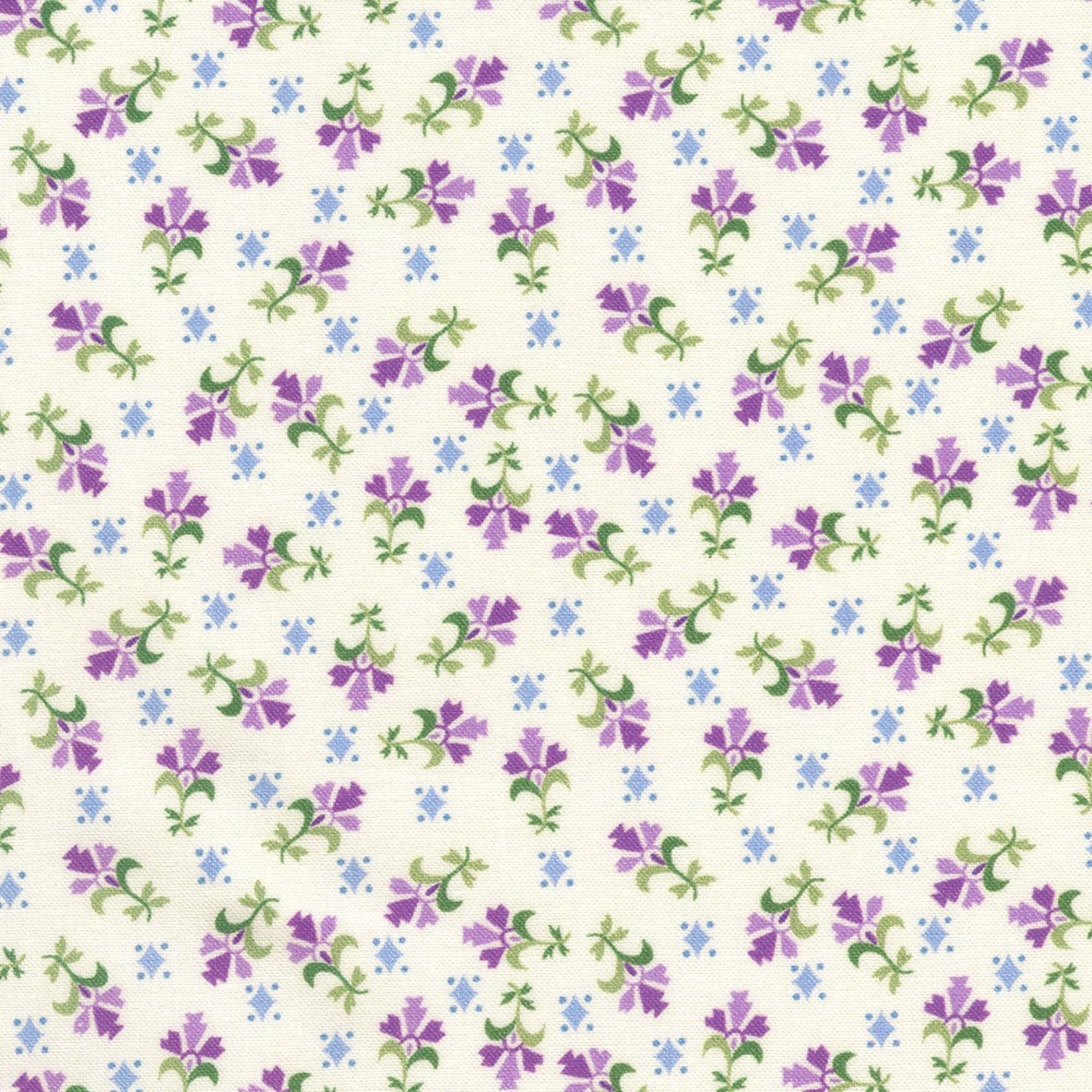 Pattern of small purple and green flowers on a light background