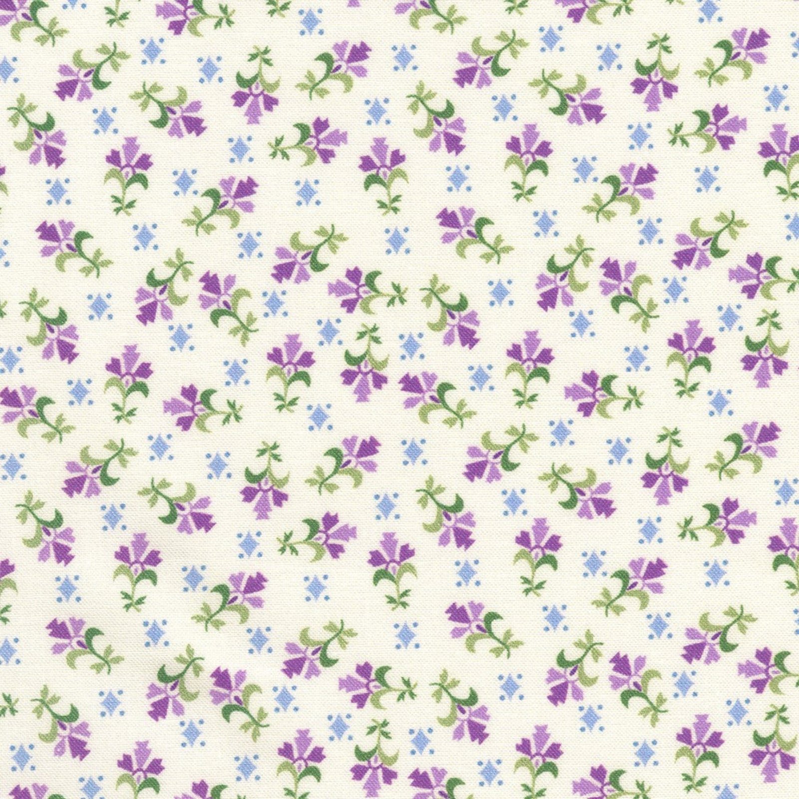 Pattern of small purple and green flowers on a light background