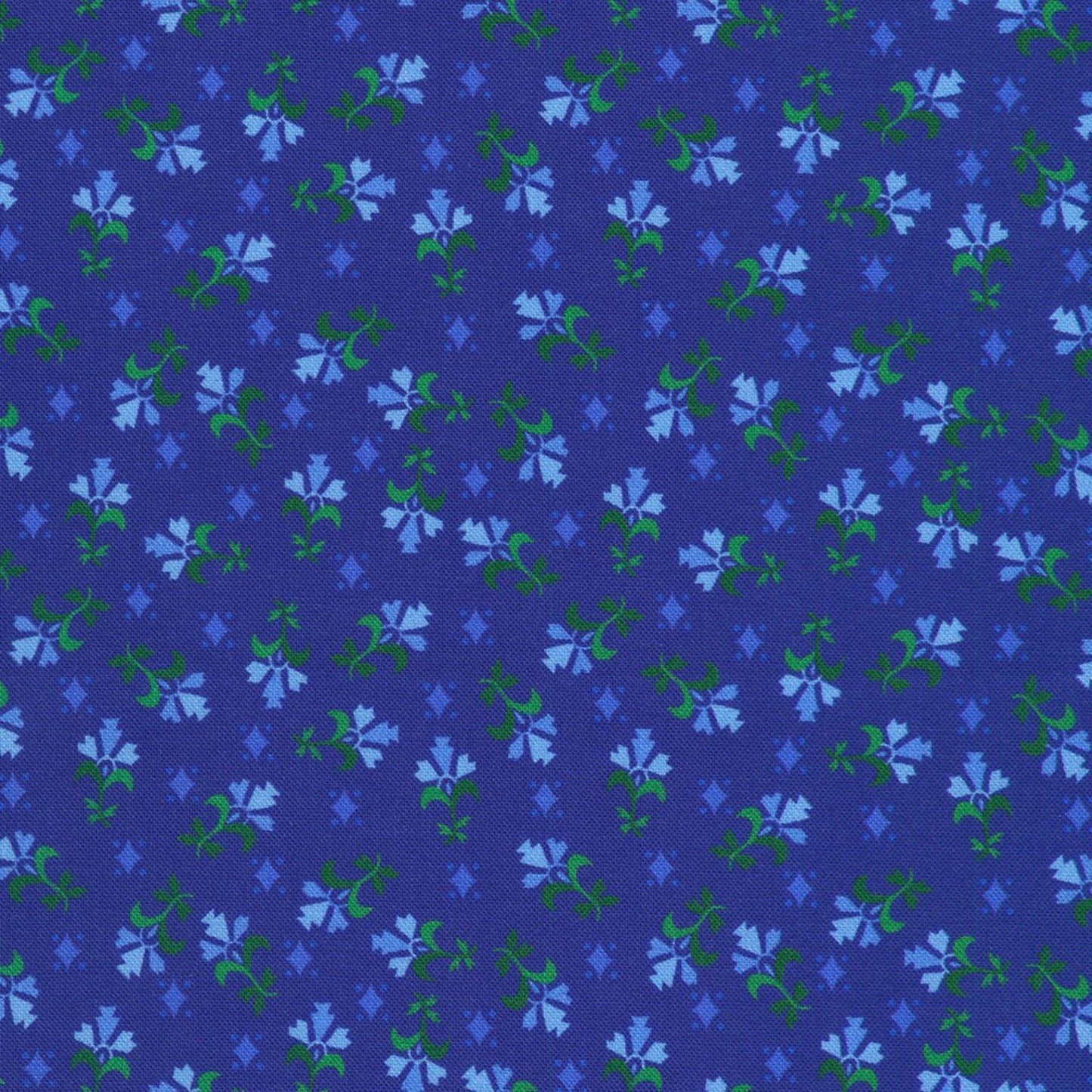 Pattern of blue and green flowers on a blue background