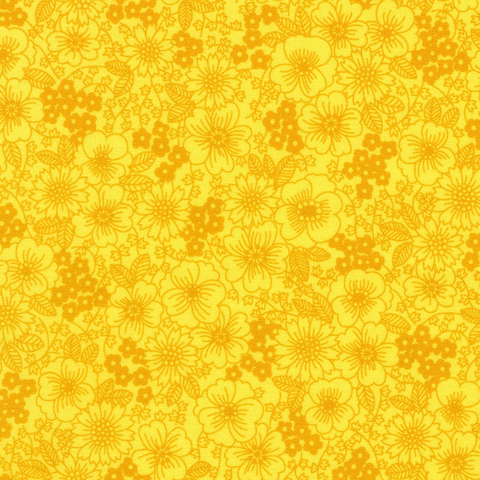 A repeating floral pattern in warm yellow and golden-orange, featuring stylized flowers and small blossoms filling the frame.