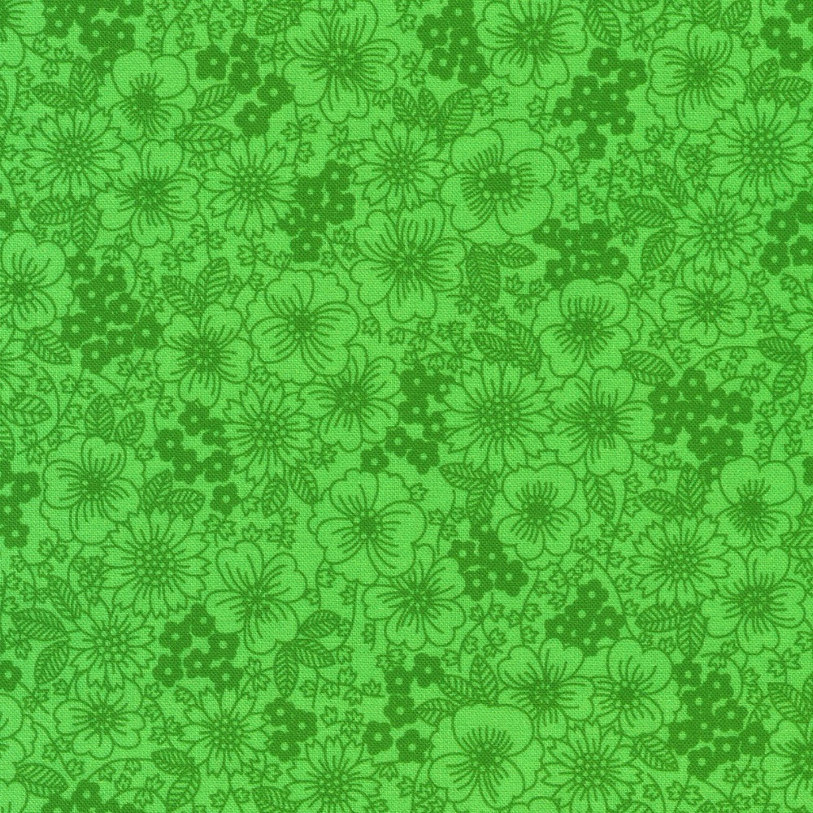 A repeating green floral pattern on a lighter green background, with medium-dark green flowers and leaves arranged all over the surface.