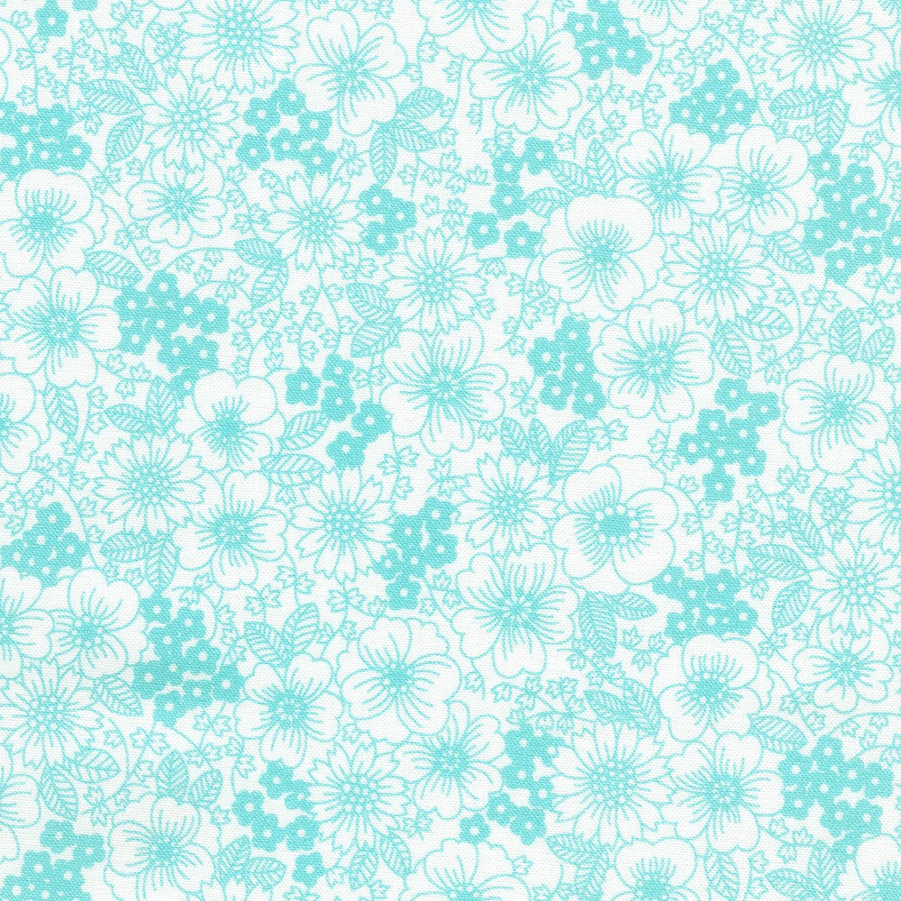 A repeating floral pattern featuring light aqua blue flowers and leaves on a white background.