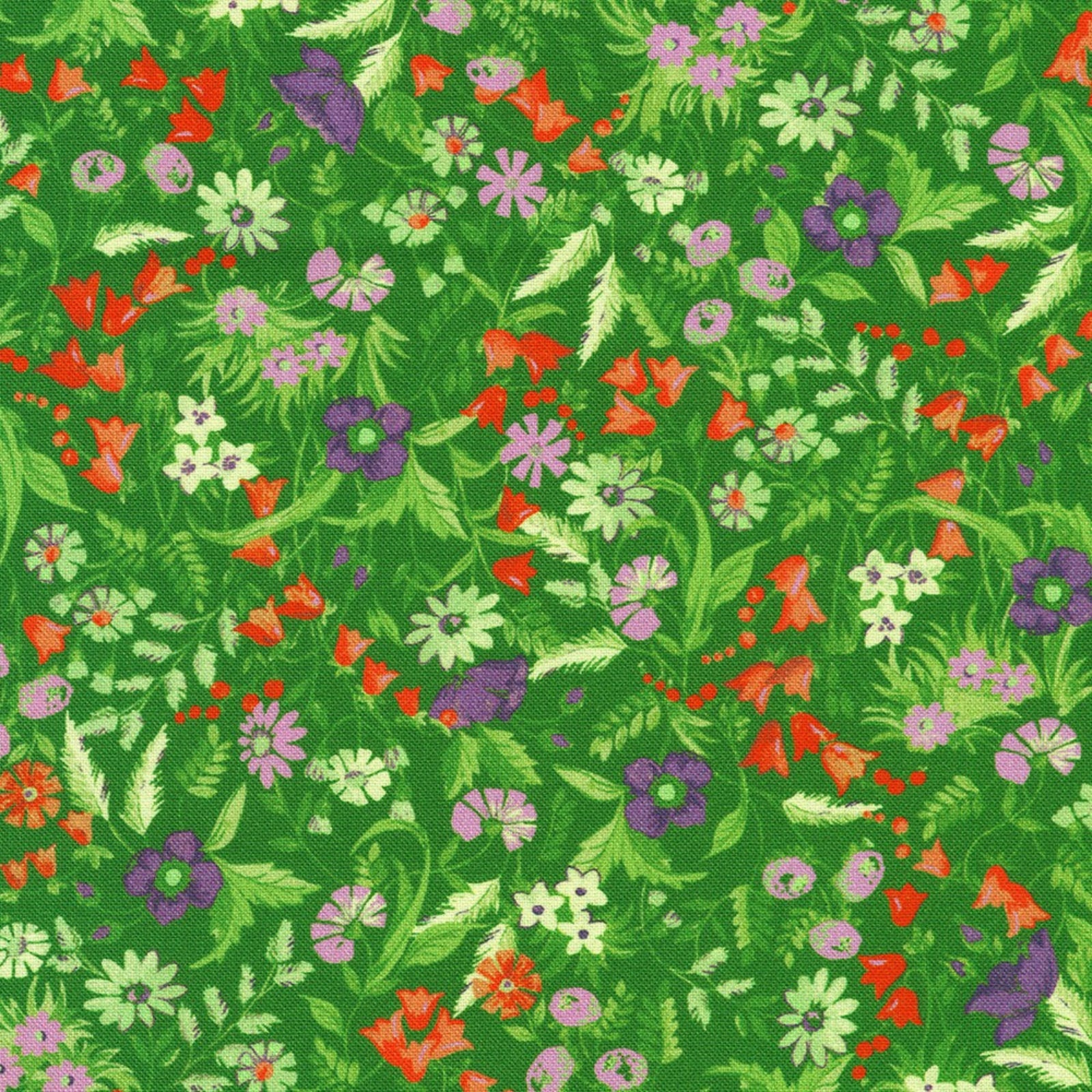 A dense floral pattern on a bright green background, featuring small flowers and leaves in purple, pale pink, orange-red, and light green.