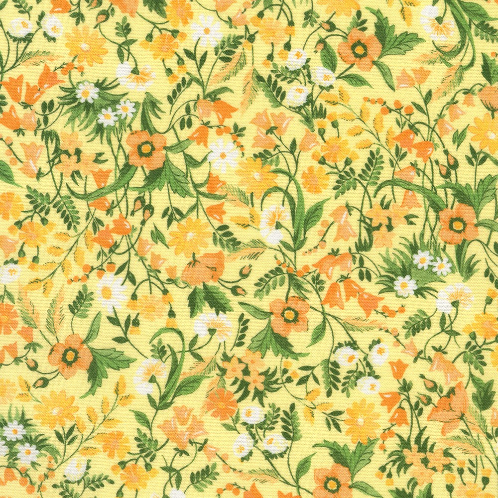 A repeating floral pattern on a pale yellow background, featuring orange and yellow flowers with white blossoms and green leaves and vines.