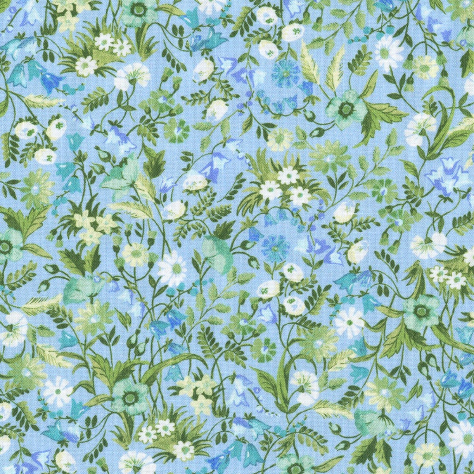 Floral pattern with green leaves and white flowers on a blue background