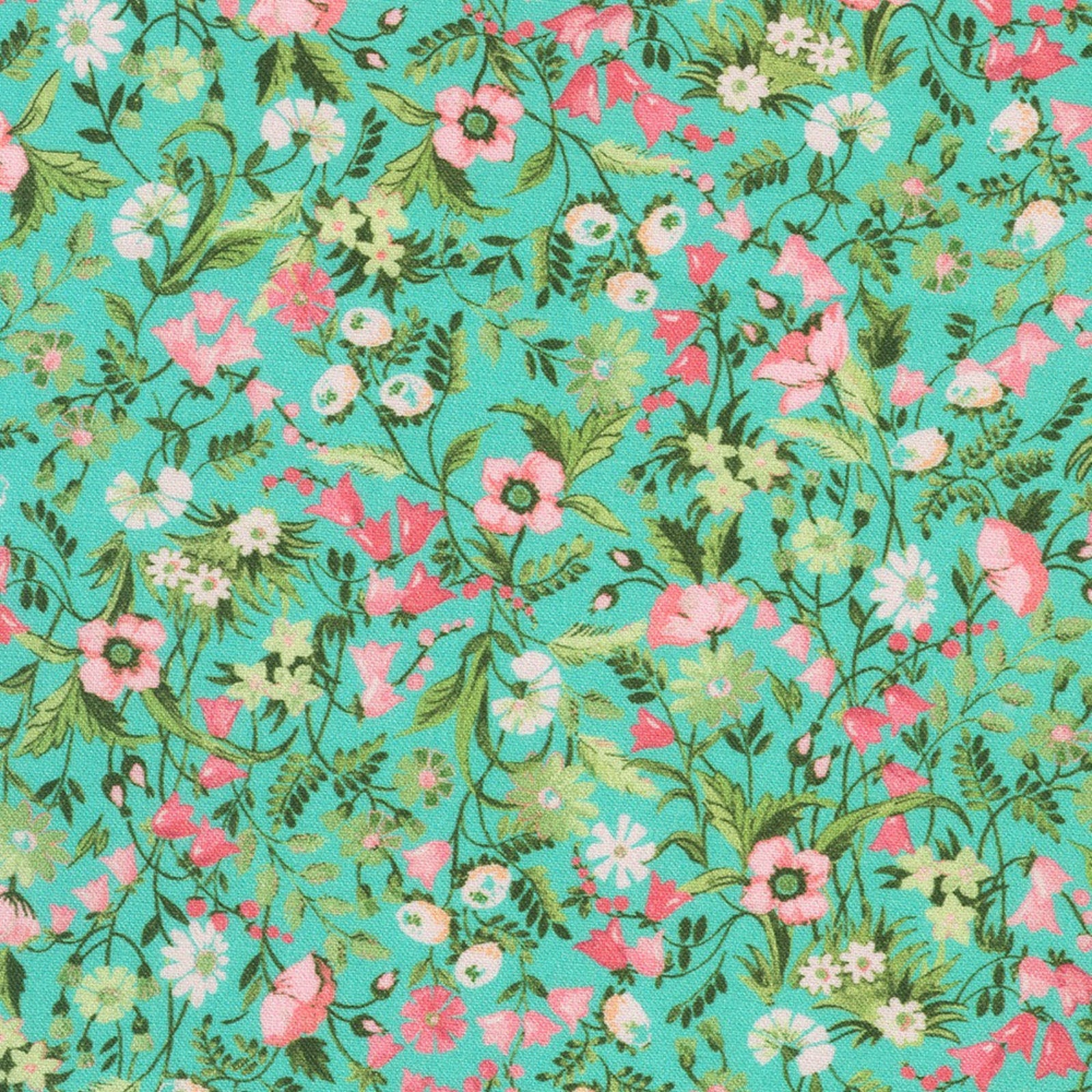 Floral pattern with pink and green flowers on a turquoise background
