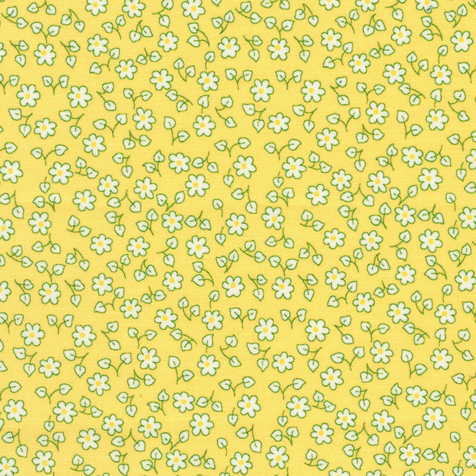 Pattern of small white flowers with green stems on a yellow background