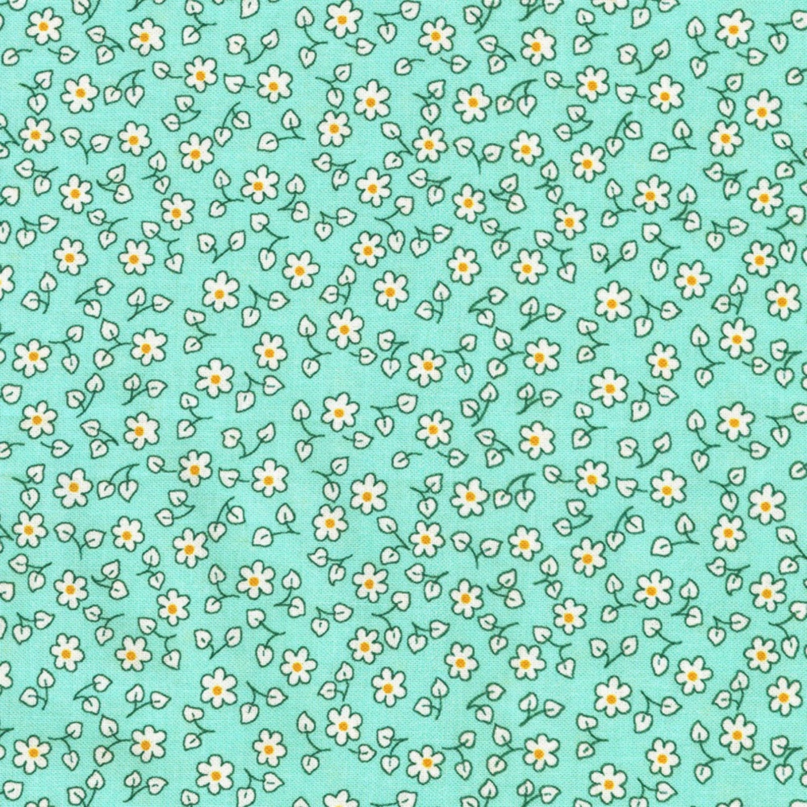 A repeating floral pattern of small white daisies with yellow centers and green stems on a light aqua background.