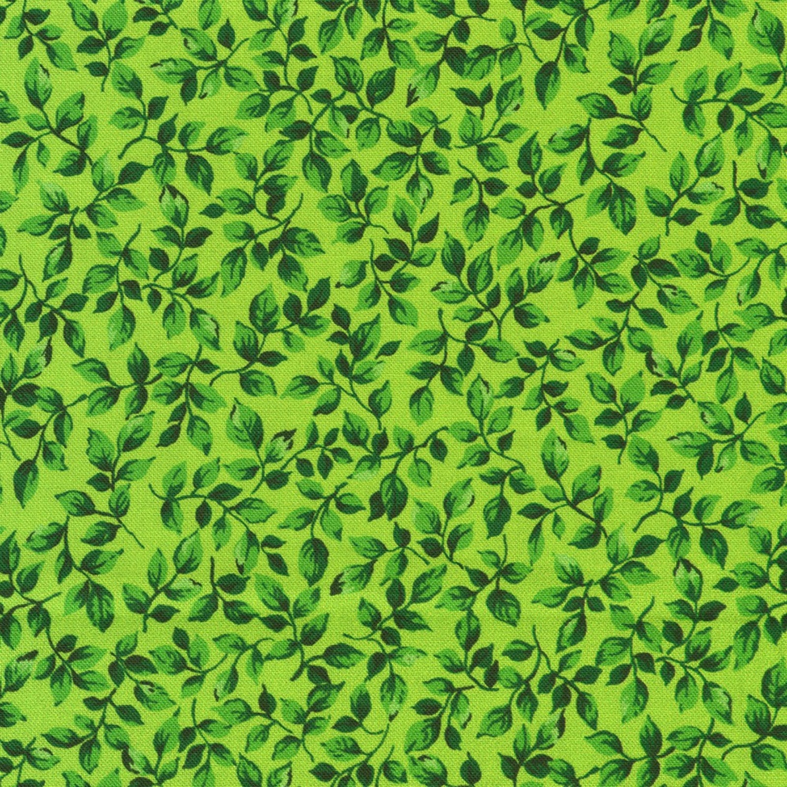 A repeating pattern of green leaves and vines on a bright lime green background.