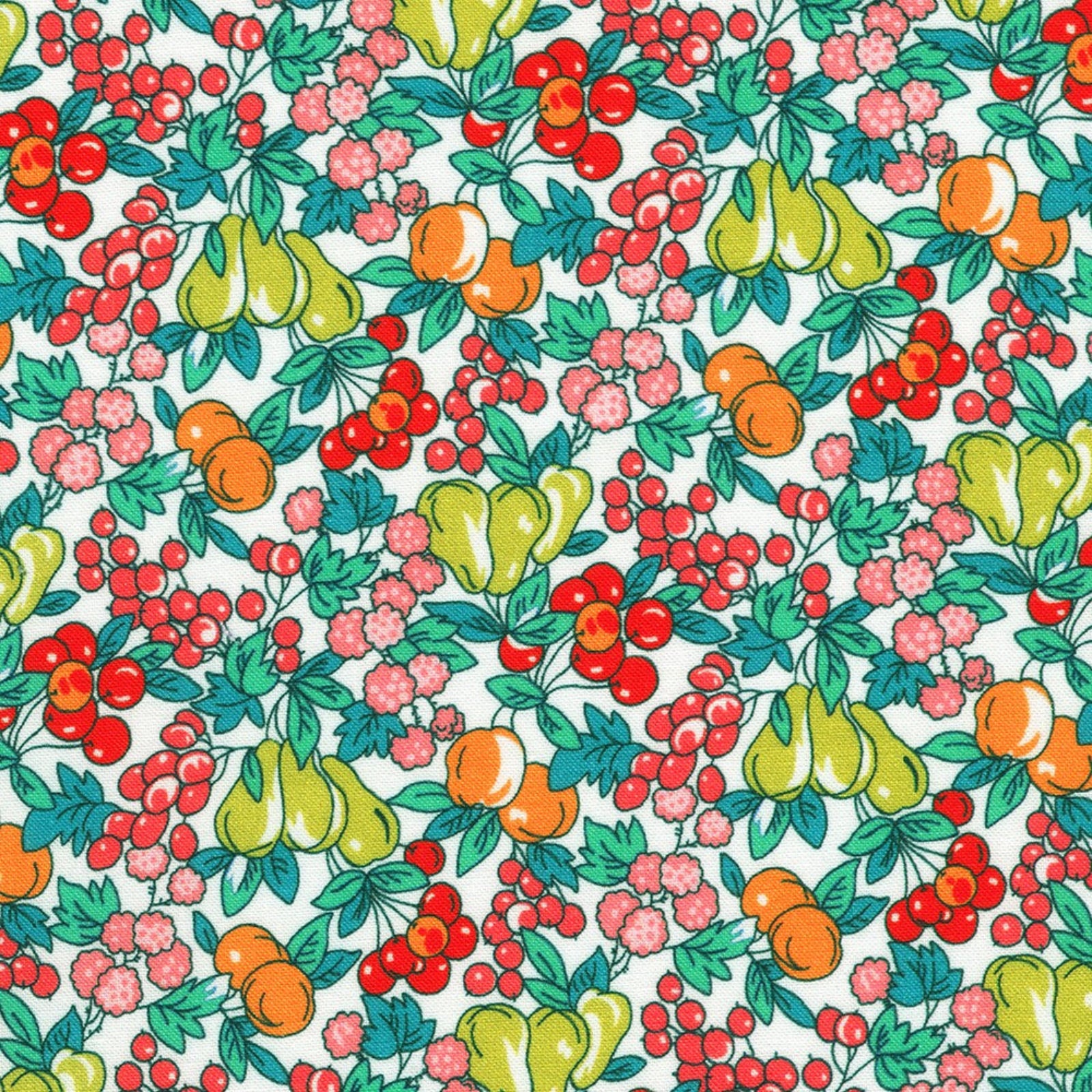 A repeating retro-style fruit pattern on a white background, featuring green pears, red berries, pink flowers, and orange fruits with teal outlines.