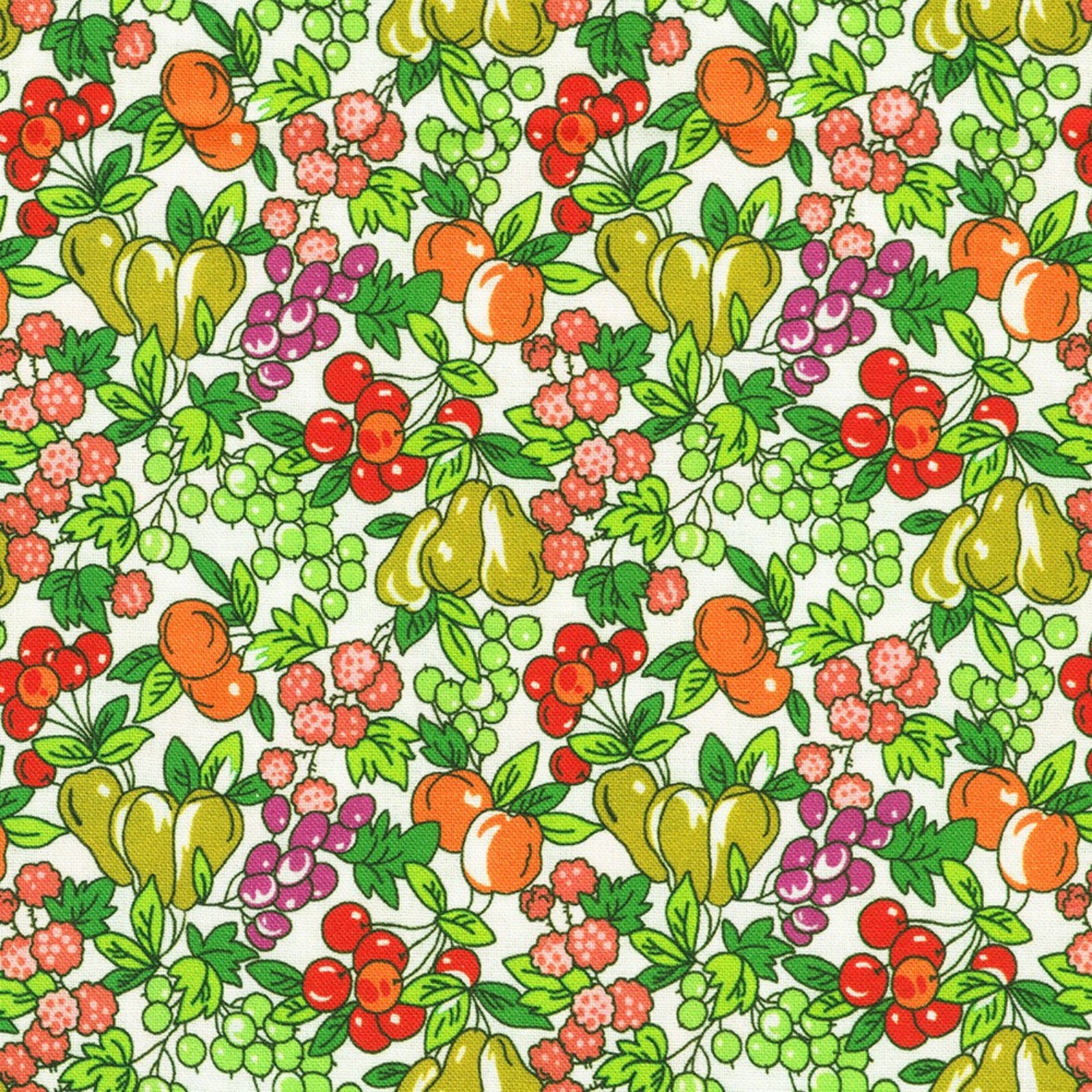 A repeating vintage-style fruit pattern on a white background, featuring green leaves, red cherries, pink raspberries, orange peaches, and yellow-green pears.