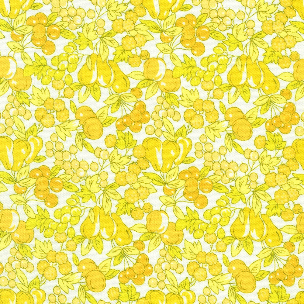 Pattern of yellow fruits and leaves on a white background