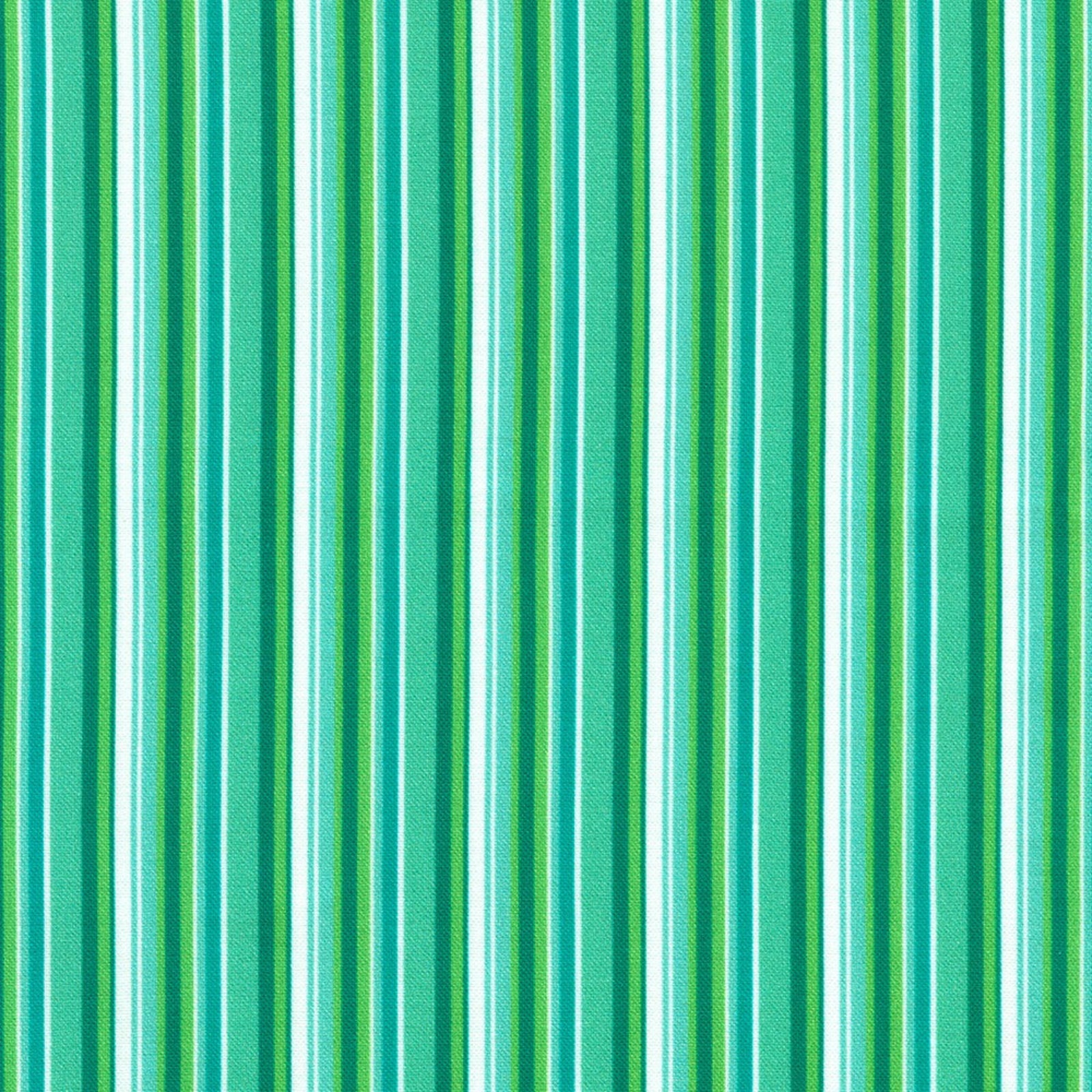 A close-up of a striped fabric pattern featuring vertical stripes in various shades of green, teal, and white.