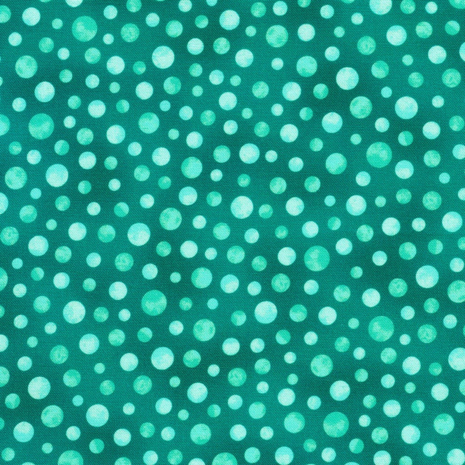 A close-up of a fabric pattern featuring a dense, repeating motif of watercolor-style dots in varying light teal, mint green, and white on a dark teal background.