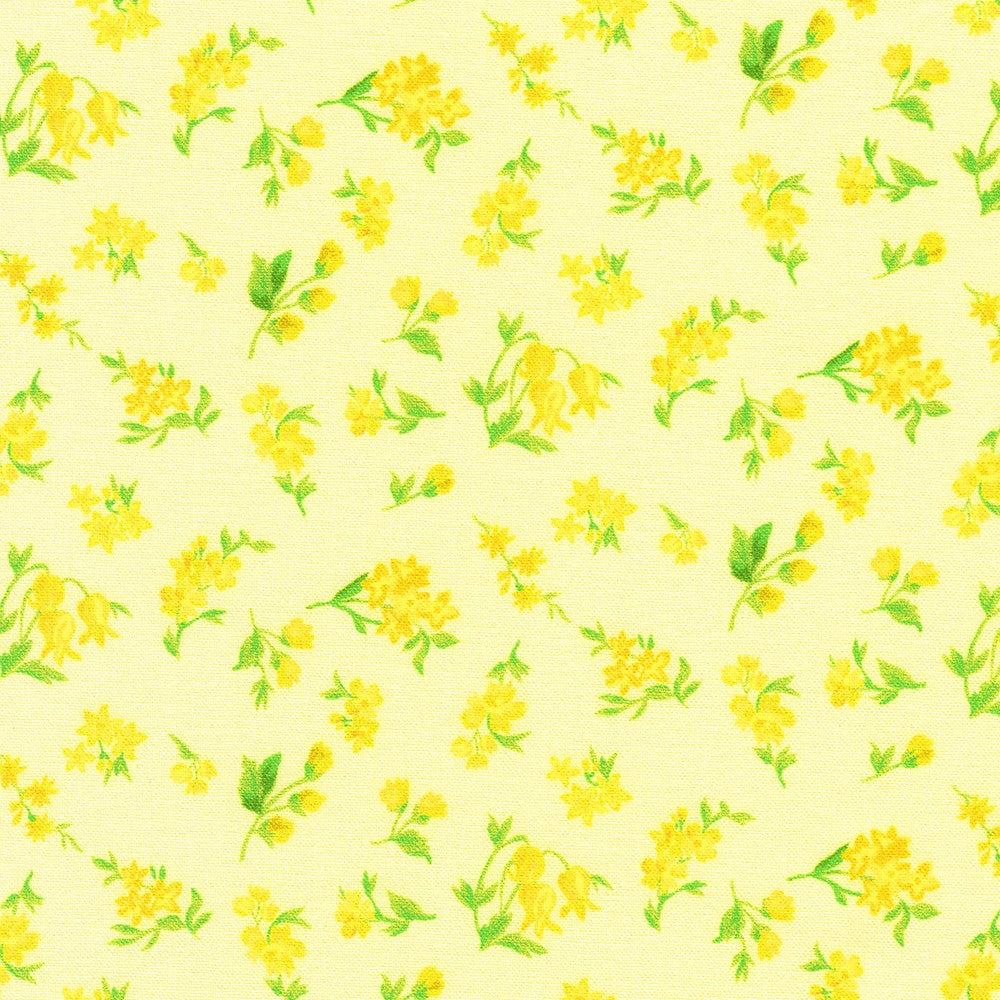 Pattern of small yellow flowers and green leaves on a light yellow background