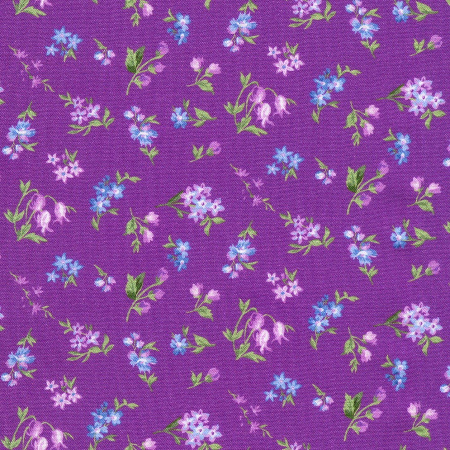 Floral pattern with purple, blue, and green flowers on a purple background