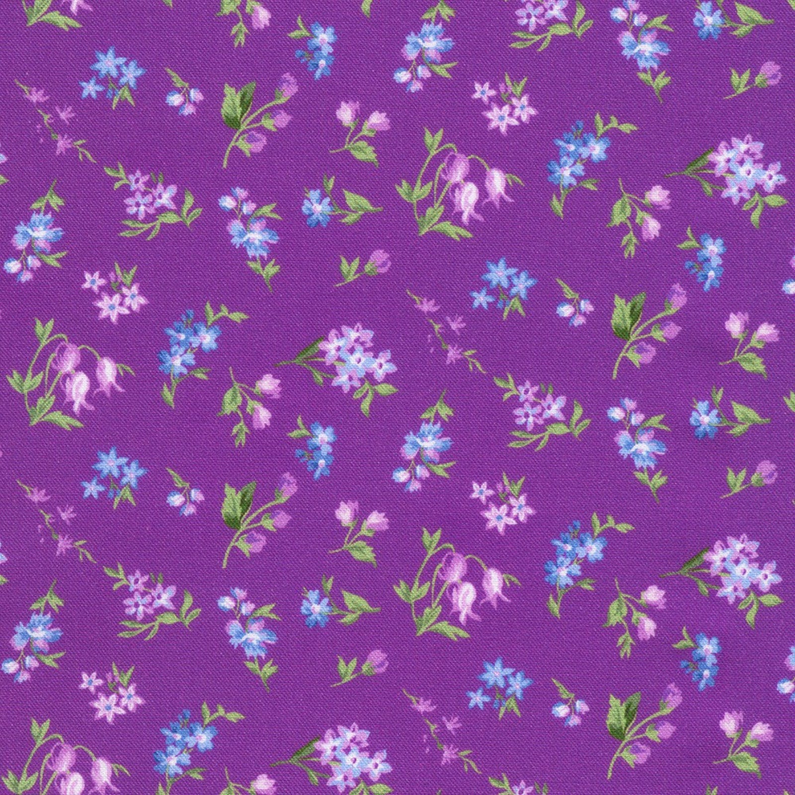 Floral pattern with purple, blue, and green flowers on a purple background