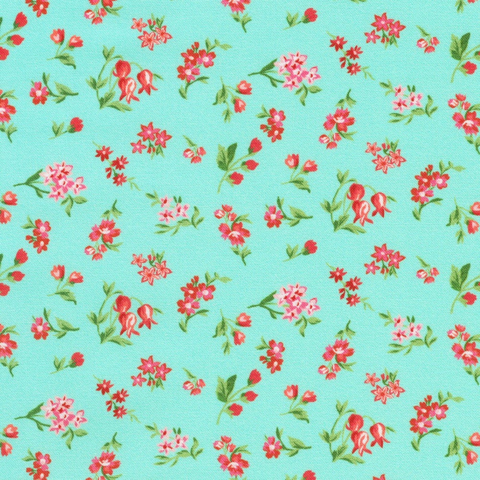 A repeating floral pattern on a light aqua background, featuring small red and pink flowers with green leaves and stems.