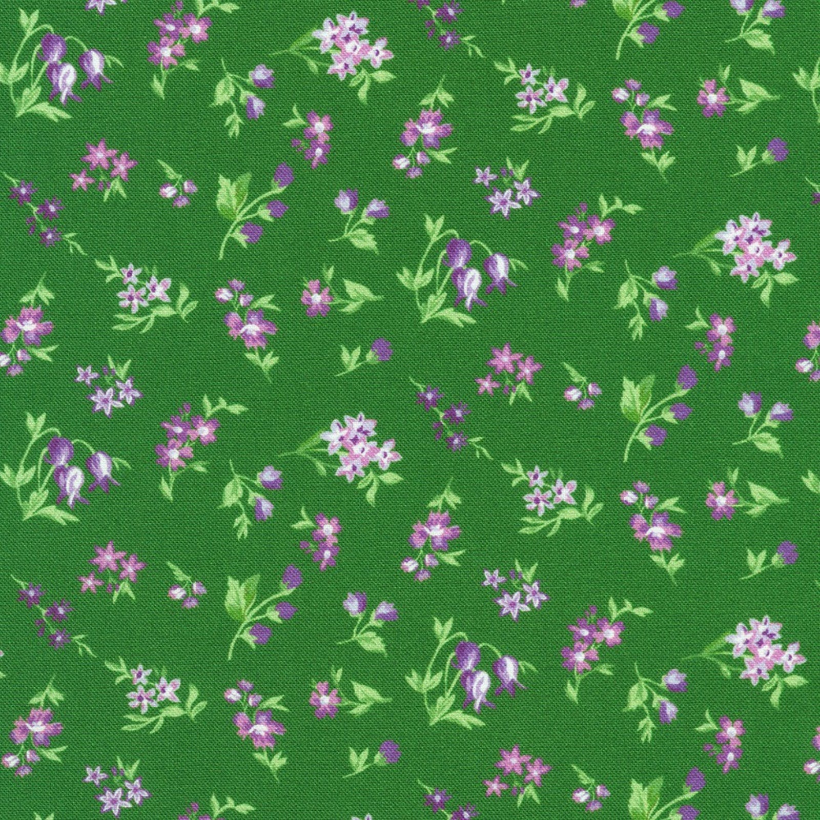 A repeating floral pattern on a bright green background, featuring small purple and pink flowers with light green leaves and stems.