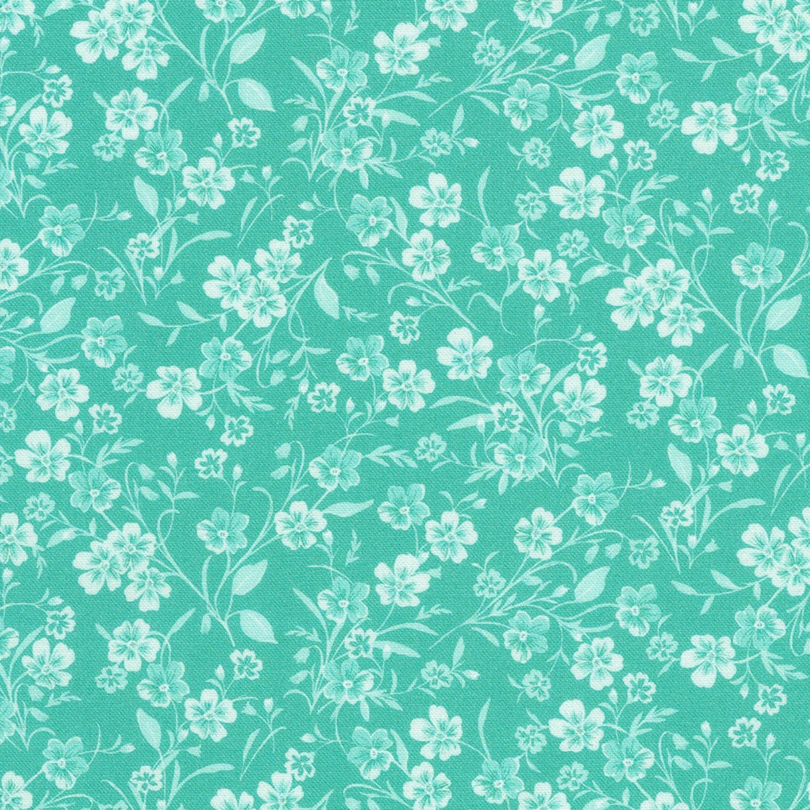 Teal fabric with white floral pattern