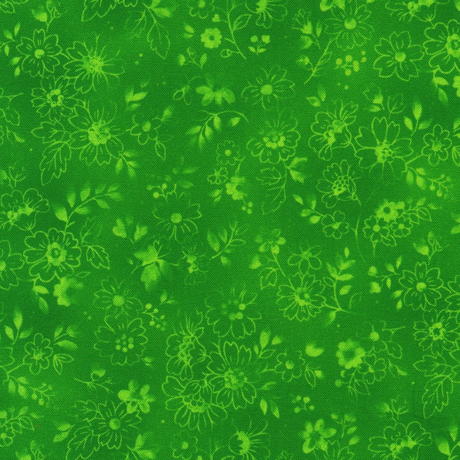 Bright green fabric with a repeating light green floral and leaf pattern.