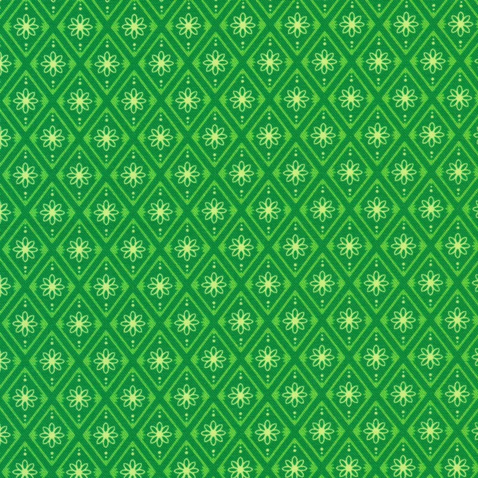A repeating green geometric pattern featuring diamond shapes and light green floral or starburst motifs.