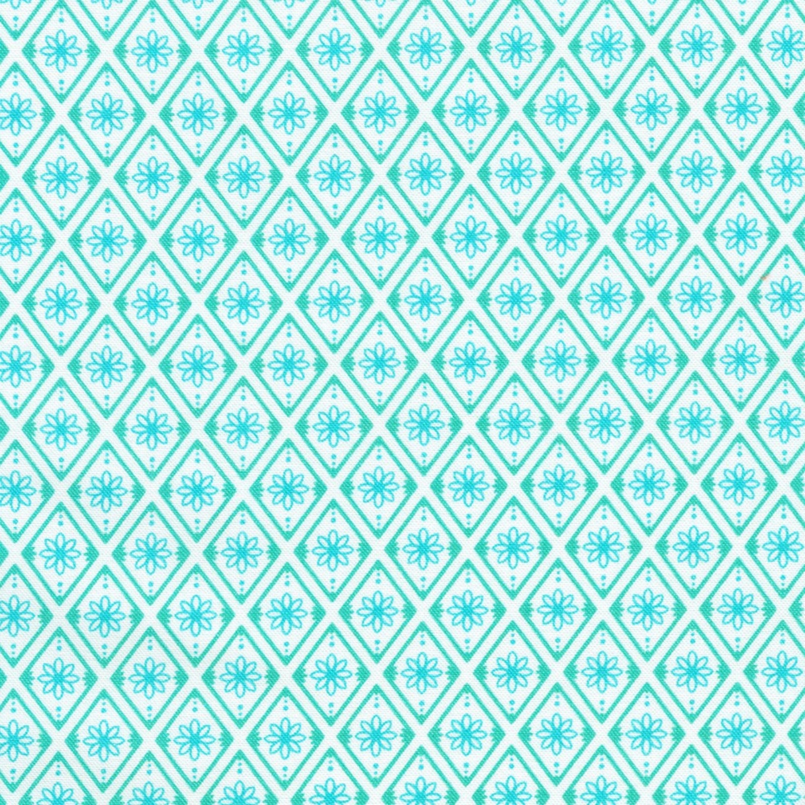 A repeating geometric pattern featuring teal and light blue floral/starburst motifs inside diamond shapes on a white background.