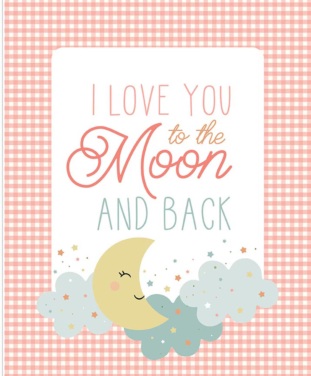 Flannel fabric with 'I Love You to the Moon and Back' text and a moon and cloud illustration on a pink checkered background.