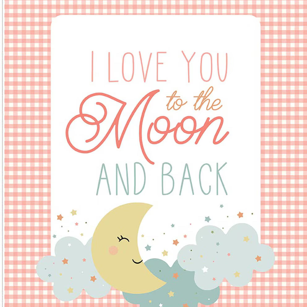 Flannel fabric with 'I Love You to the Moon and Back' text and a moon and cloud illustration on a pink checkered background.