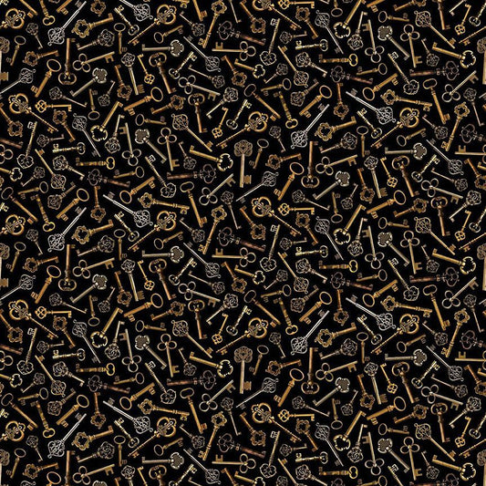Various vintage keys on a black background